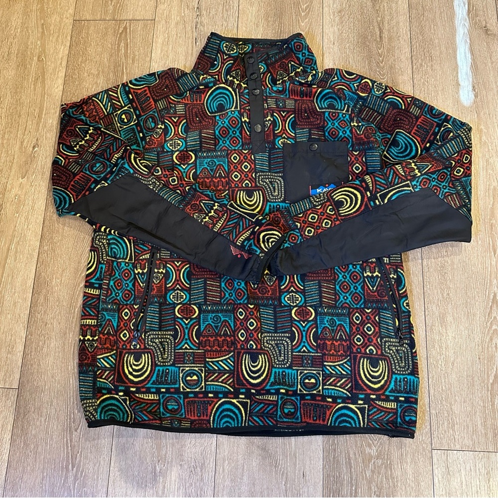 KAVU 1/4 button fleece size L red green yellow pattern